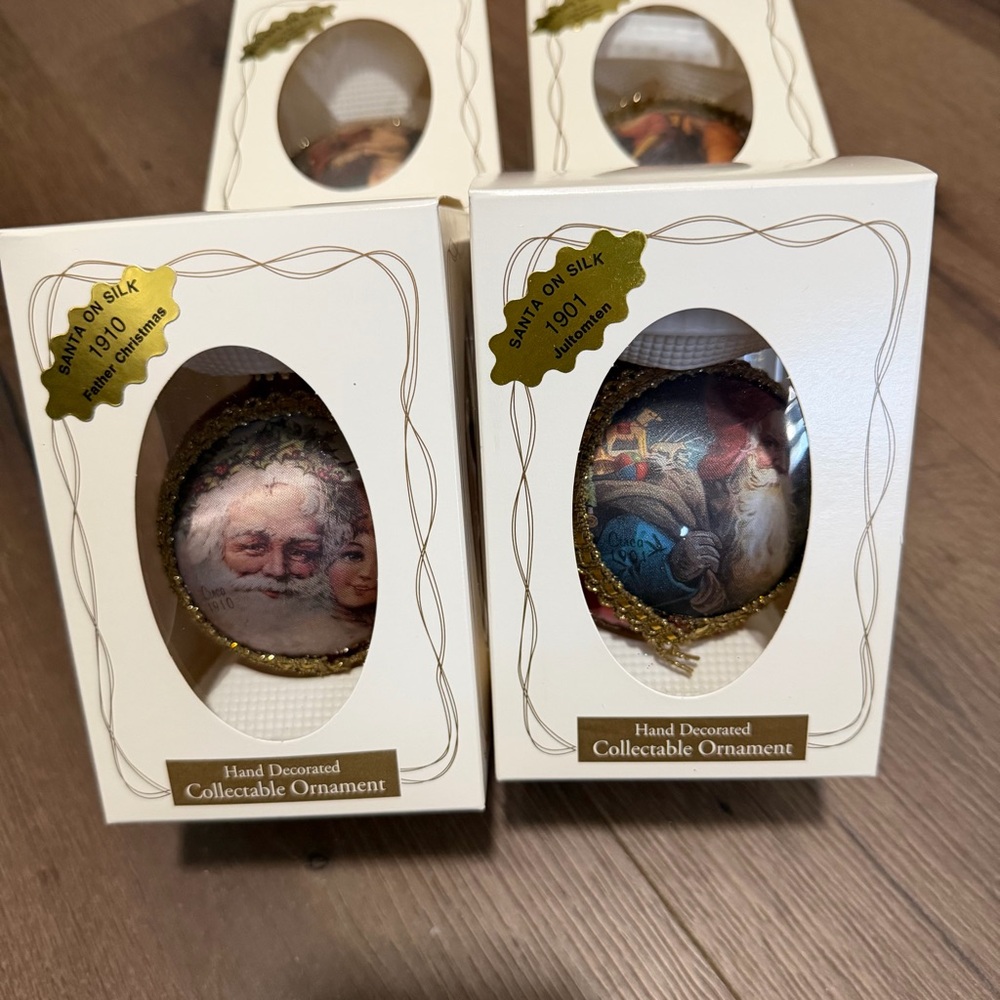 4 Vintage Santa On Silk 1998 Collectible Glass Ornaments Christmas